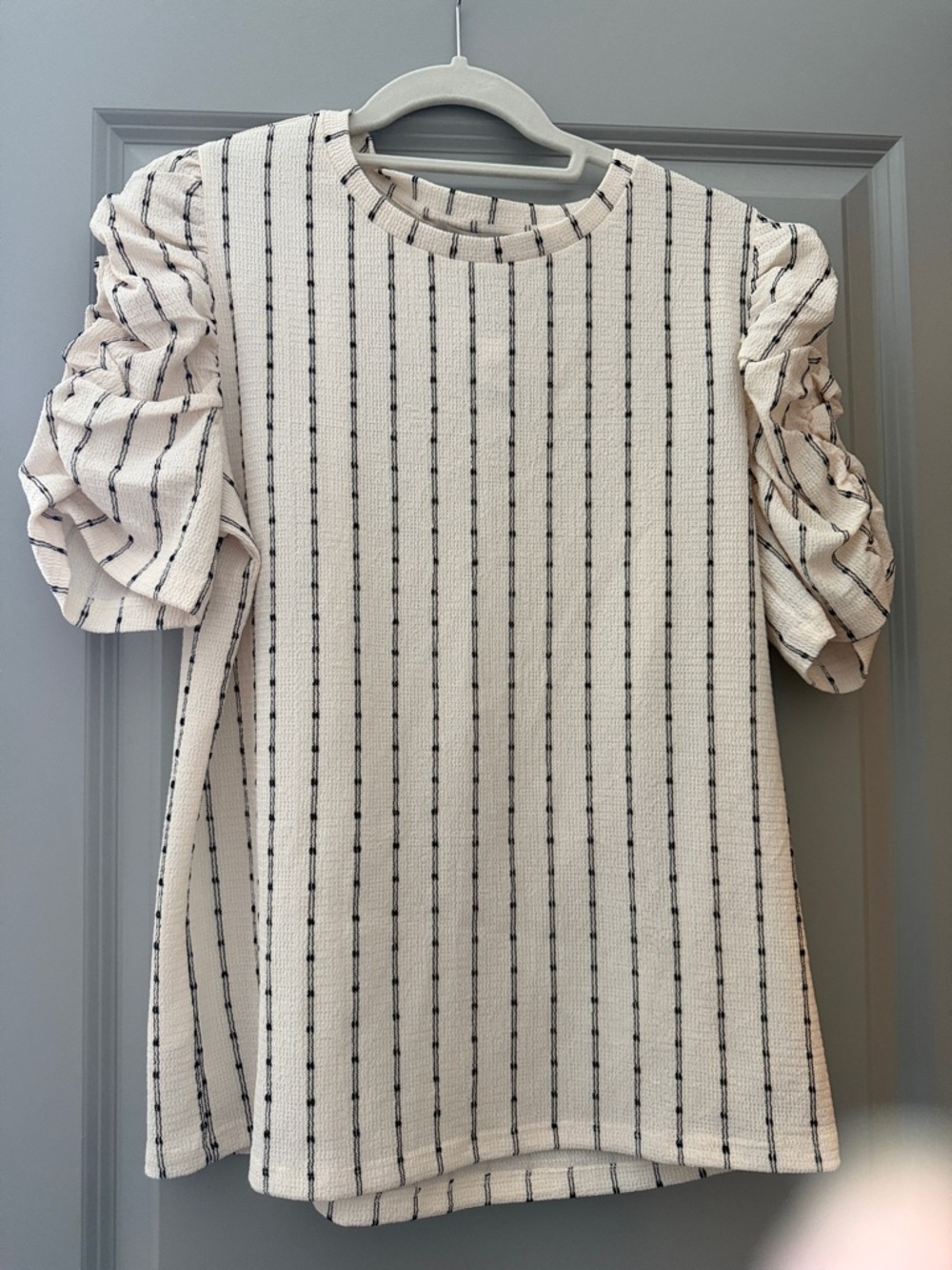 LOFT Cream and Black Striped Puff Sleeve Blouse